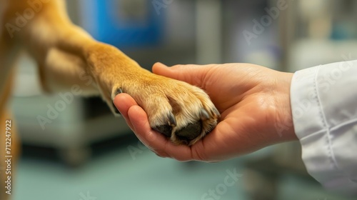 Generative AI, veterinarian hand is holding dog's claw. Dog's paw in human's hand. Domestic pet
 photo