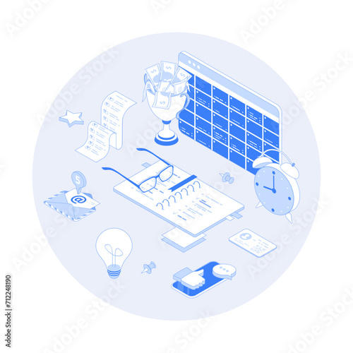 Project management, planning organization schedule. Productivity, marketing analysis and development. Vector outline illustration with isometry scene for web graphic