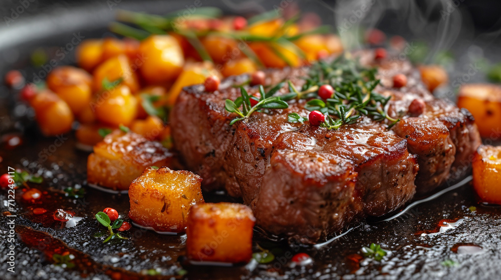 Steak on a ceramic dish with spices. In a restaurant with a Michelin star. Beautiful presentation. Steak on a ceramic dish with spices. In a restaurant with a Michelin star. Beautiful presentation.