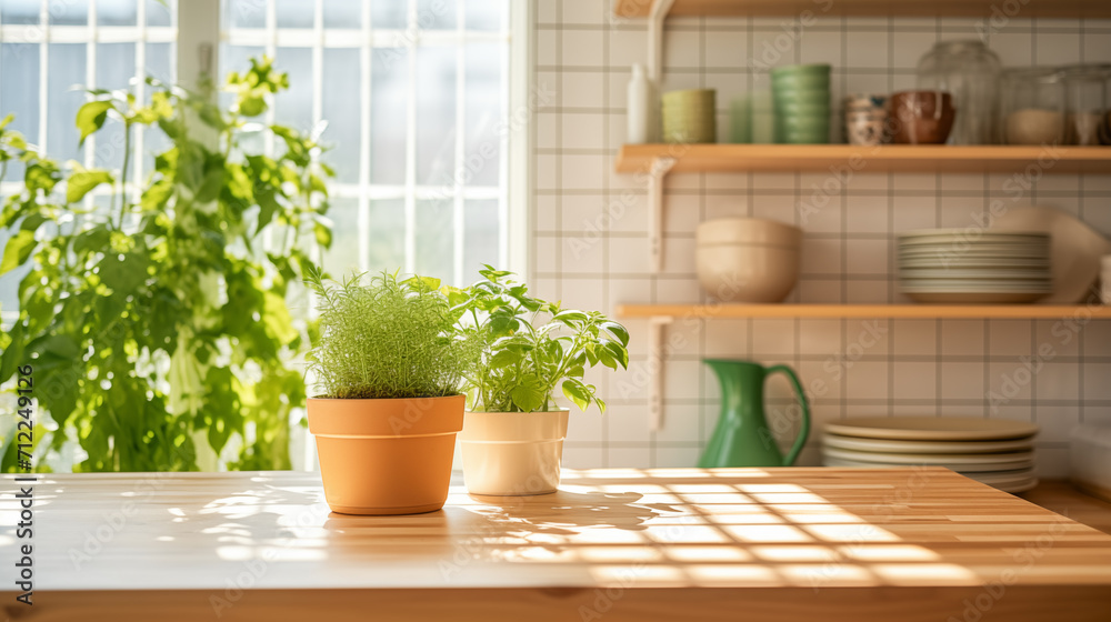 Cozy Kitchen Interior with Sunlit Herb Plants on Table