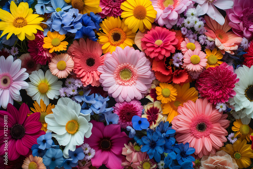 flat lay flowers colorful background wall, pink, yellow, blue