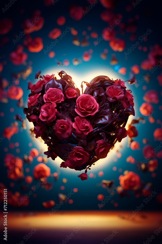 Beautiful heart with a floral pattern on a beautiful blurred bokeh background. St. Valentine's Day. Mother's Day. Holiday, romantic illustration. Vertical Format