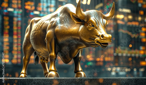 A gold bull statue on a table in front of a stock market board. Generative AI photo