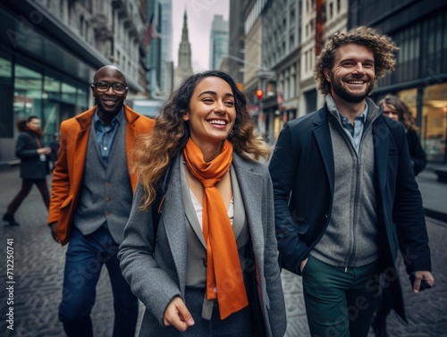 Energetic Commute: Corporate Team Smiles on the Way to Work,Morning Bliss: Business Professionals Heading to the Office