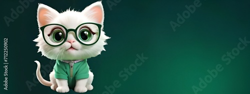 Cute baby cat wearing spectacles isolated on solid pastel background, baby kitten wallpaper for kids, Creative animal concept, commercial, editorial advertisement background