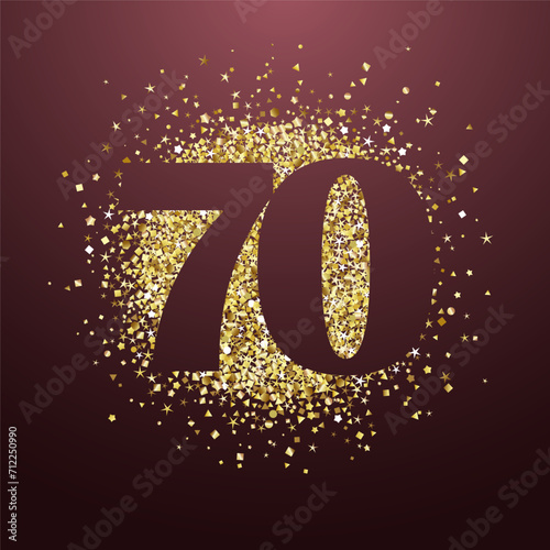 Happy 70th anniversary luxurious congrats. Shiny pattern and stylish number 70. Round golden backdrop and isolated 7 0 with clipping mask. Purple background. Modern design. Up to 70 percent off icon.