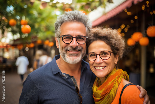 portrait of an adult couple, on the street, with blurred background
