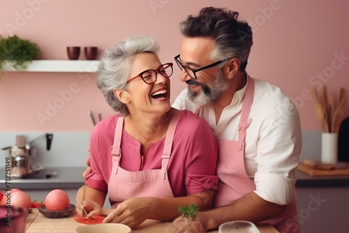 mature couple happy while cooking in the kitchen