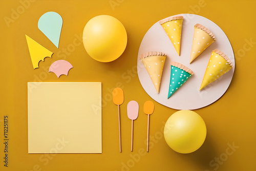 Yellow background made of paper horns and origami popsicles. View from above. Flat lay with yellow balloons. Place for text. Copy space. Minimal creative birthday concept.