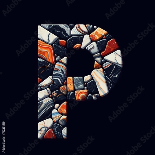 P letter shape made of marble pebbles. AI generated illustration