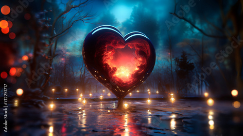 Burning heart in the night. St. Valentine s Day. Mother s Day. Holiday  romantic illustration.