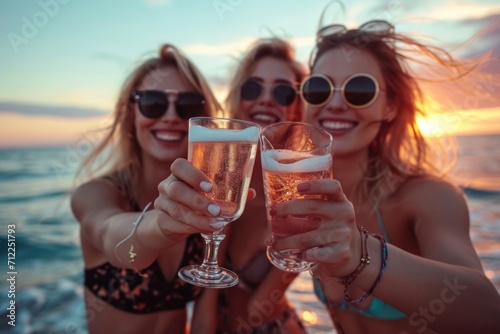 Young friends making a celebratory toast at the summer beach