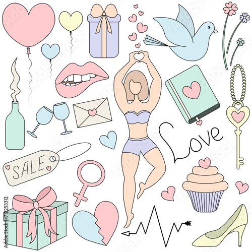 Valentine's day. Set of color illustrations. Cartoon style. Woman, gesture, gift box, arrow, heart.
