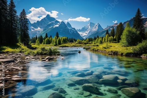 majestic mountain river landscape with trees and rocks in the foreground © duyina1990