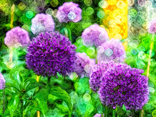 Fioletowe kuliste kwiaty czosnku ozdobnego z efektem bokeh, malarstwo cyfrowe