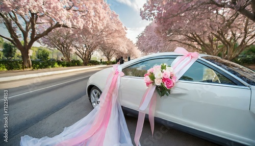 An elegant wedding car speeding down the highway under a clear sky, symbolizing the beginning of a beautiful journey. The classic vehicle exudes luxury and style, offering a picturesque view 
