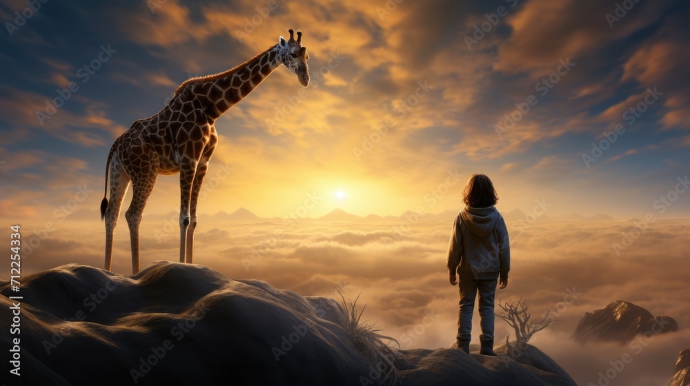 giraffe at sunset - obrazy, fototapety, plakaty 