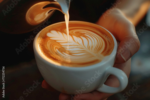 A cup of coffee with a beautiful leaf shape in the coffee foam