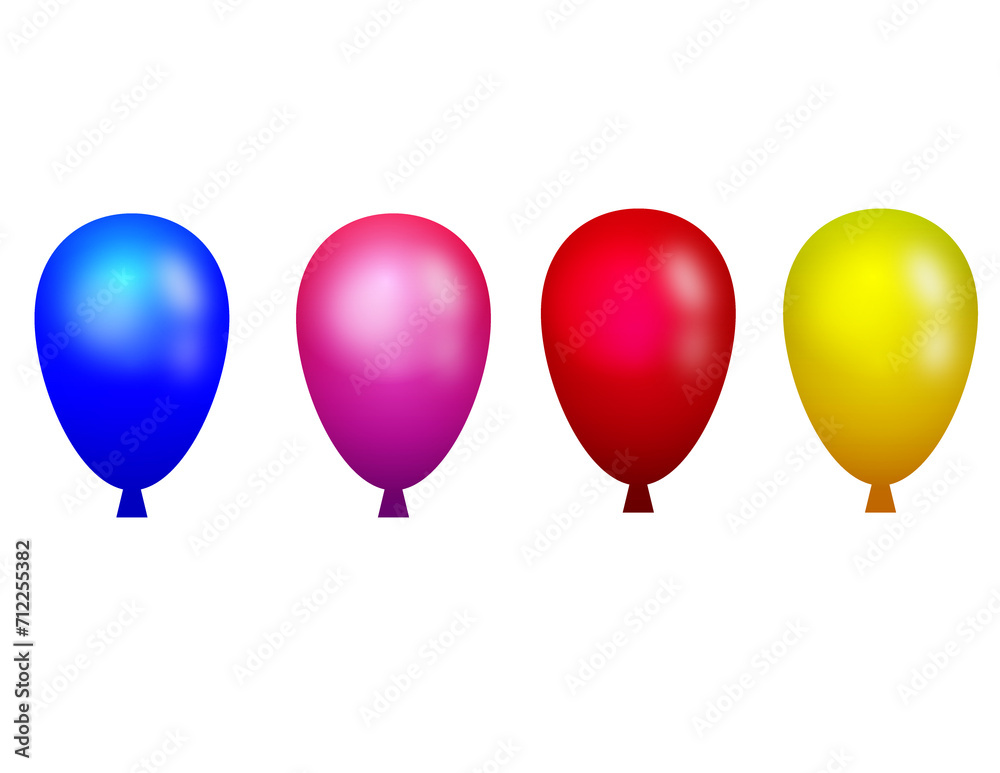 Four balloons in blue, pink, red, and yellow on a white background.