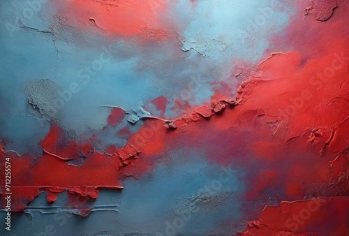 Sfondo astratto per il design. Vecchio muro di cemento dipinto con intonaco colorato di blu e rosso fuoco. Brillante.
