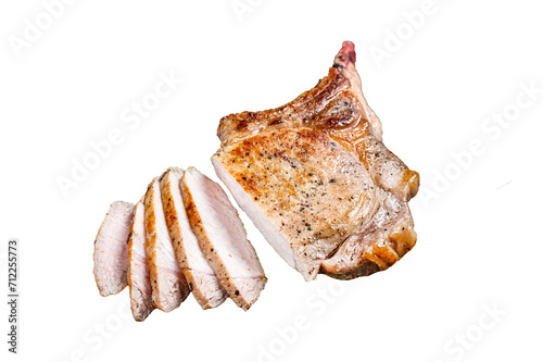 Grilled and sliced tomahawk pork chop meat steak Transparent background. Isolated.