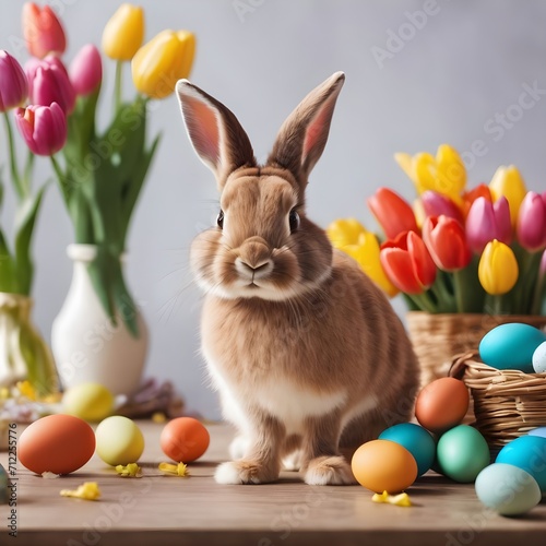 Cute Easter bunny on table with colorful eggs and tulips. Easter holiday decorations, Easter concept background © QasimAli