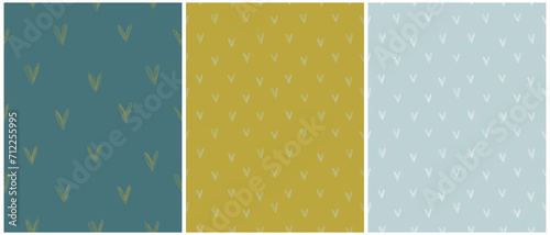 Simple Irregular Seamless Vector Pattern with Hand Drawn Doodle-like Hearts on an Ocean Blue, Olive Green and Pastel Blue Background. Repeatable Romantic Print ideal for Fabric, Wrapping Paper. RGB.