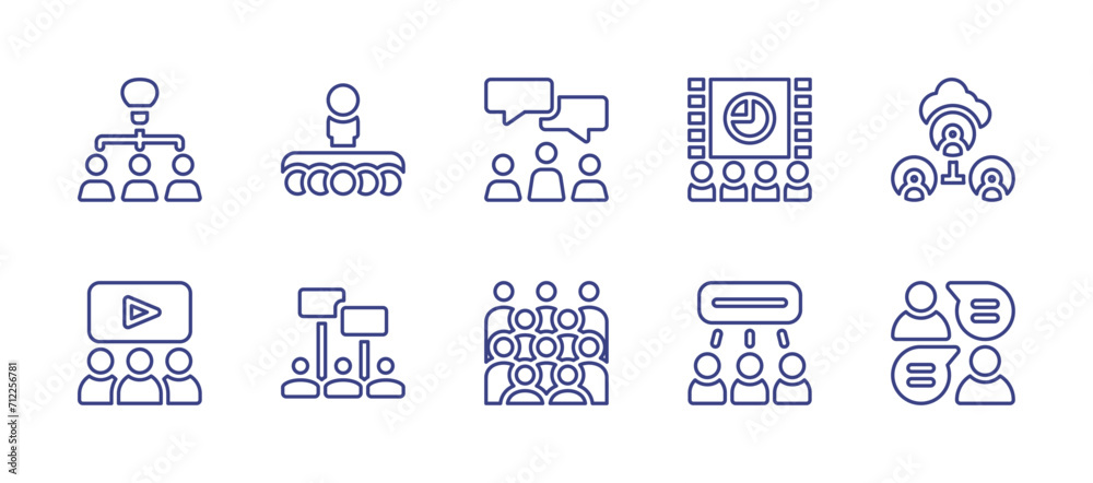 People line icon set. Editable stroke. Vector illustration. Containing conference, cinema, chat, brainstorm, networking, demostration, voters, viral marketing.