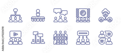 People line icon set. Editable stroke. Vector illustration. Containing conference, cinema, chat, brainstorm, networking, demostration, voters, viral marketing. photo