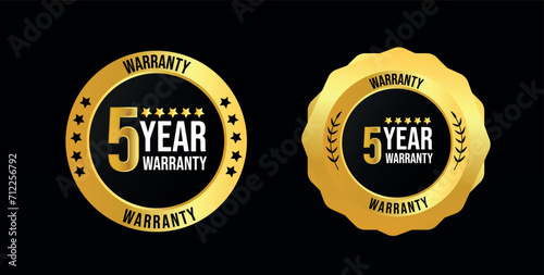 5 years of warranty. Five years warranty card with two different labels, stamps, icons design. 5 years warranty labels, stamp designs in golden and black colour. Quality assurance with warranty card.