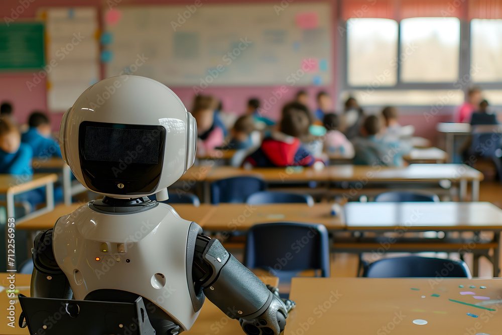AI replacing teachers. Futuristic humanoid robot teaching children at school. School of the future, artificial intelligence.