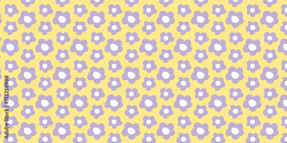 Seamless pattern with hand drawn fun cute flowers. Vector illustration in flat style.  