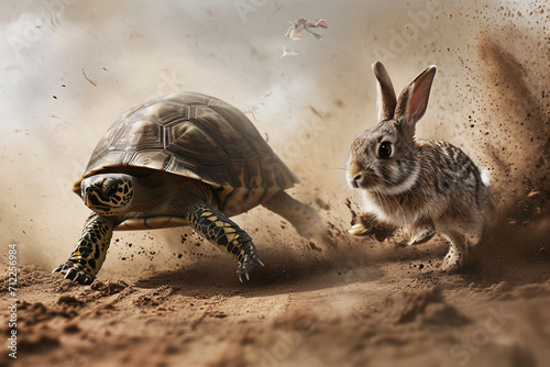 A tortoise running a race against a rabbit, depicting the concept of steady work and success, persistence and determination photo