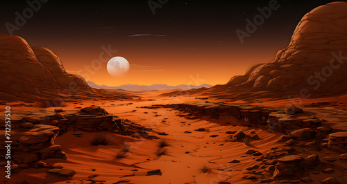 an image of a desert with a large moon in the distance