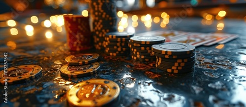 The concept of games of chance. Online casino gaming : roulette, cards, betting, chips, dice a world of chance and excitement , endless gaming possibilities and the allure of virtual fortunes. photo