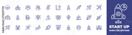 Start up line icon collection. Editable stroke. Vector illustration. Containing startup, launching, launch, presentation, crowfunding, rocket launch, initiative, rocket, boost, undertake, rocket ship.