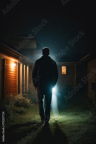 Man Walking on Dark Street at Night. Generative AI.