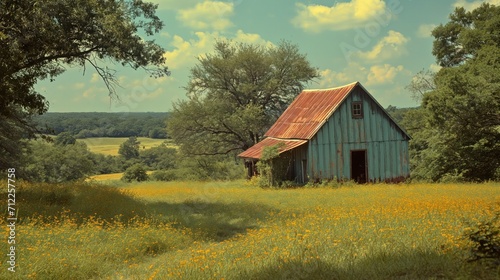 AI illustration of an Old barn on a grassy pasture under a blue sky.