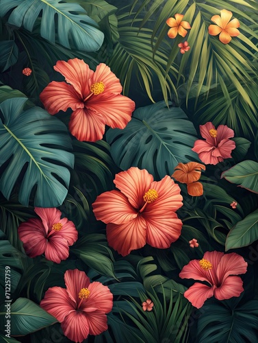 AI illustration of an Artistic painting of tropical plants   flowers.