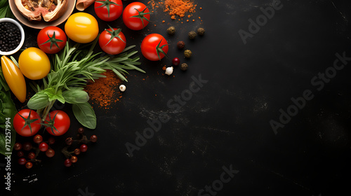 Vegetables on a black background with spices and herbs, generative Ai