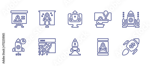 Start up line icon set. Editable stroke. Vector illustration. Containing rocket, idea, presentation, web design, smartphone, rocket launch, boost, monitor, space ship.