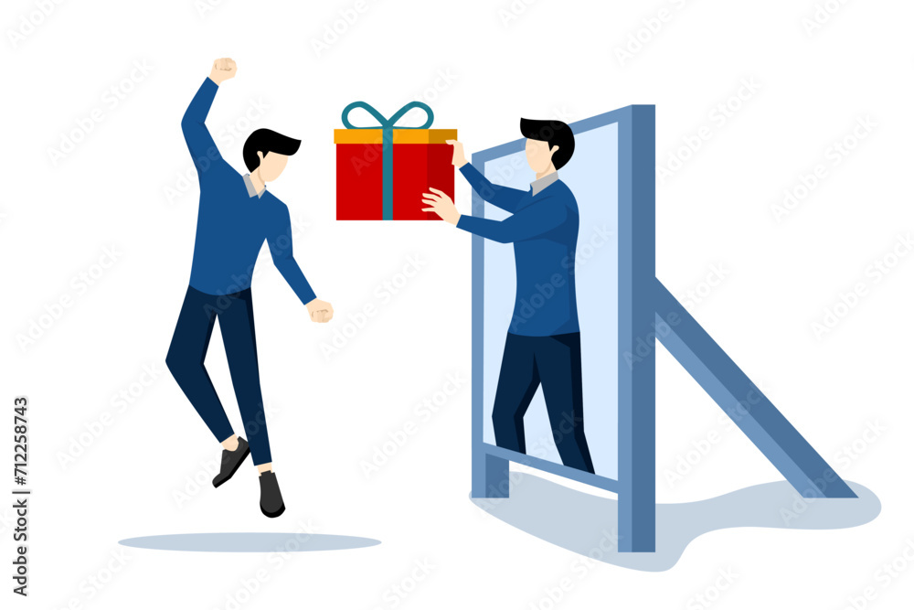 Happy businessman getting a gift from himself in the mirror for self motivation. Reward yourself when you succeed or achieve a personal goal to increase motivation and inspiration, winning concept. Happy businessman getting a gift from himself in the mirror for self motivation. Reward yourself when you succeed or achieve a personal goal to increase motivation and inspiration, winning concept.