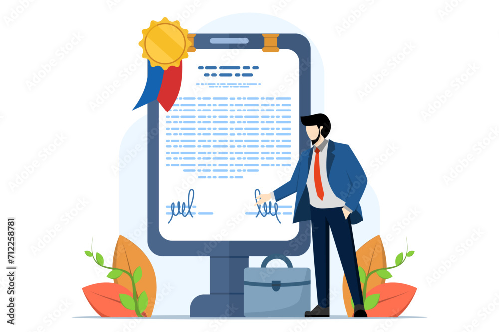 Brave Secretary with Big Sign Documentation. People Get Professional Notary Services. Browse Visit a Lawyer's Office To Sign Legal Documents. flat vector illustration on white background.