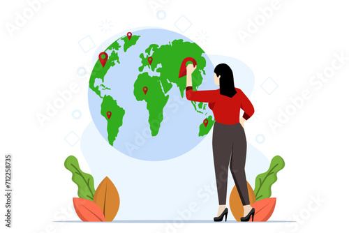opening a company branch, expanding business worldwide, businesswoman putting new branch on the world map, Global business expansion, franchising in new locations covering all continents.