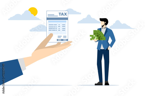Tax burden concept, debt to pay income tax, businessman holding savings looking at tax bill. accounting or billing, financial burdens and obligations to pay government, wealth management or savings.