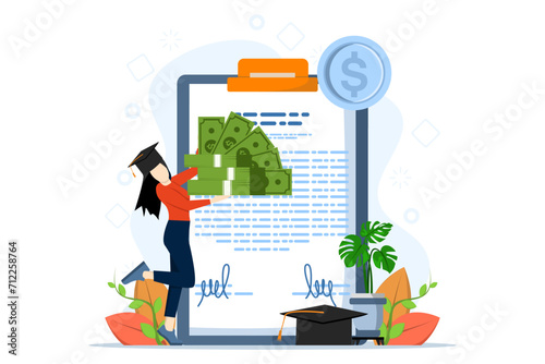 Education cost concept. Student character investing money for education, student taking money for education cost. University and tuition cost concept. Flat vector illustration.