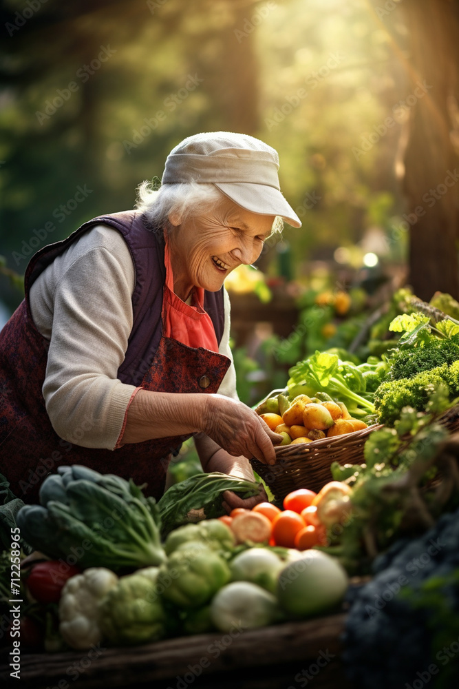 Grandma sells vegetables and fruits at the farmer's market. food.