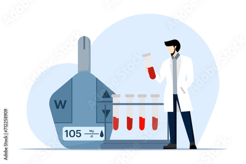 Diabetes mellitus concept, Doctor with blood tube and blood glucose test meter, diabetes and insulin production on white background, modern flat vector illustration on white background.
