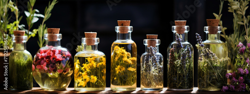 jars with essential oil of medicinal flowers on a wooden table #712258964