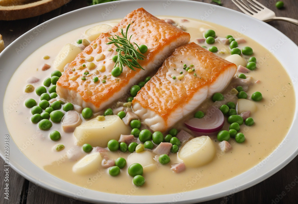 Cod fish chowder with green peas and potatoes Cod fish chowder with green peas and potatoes